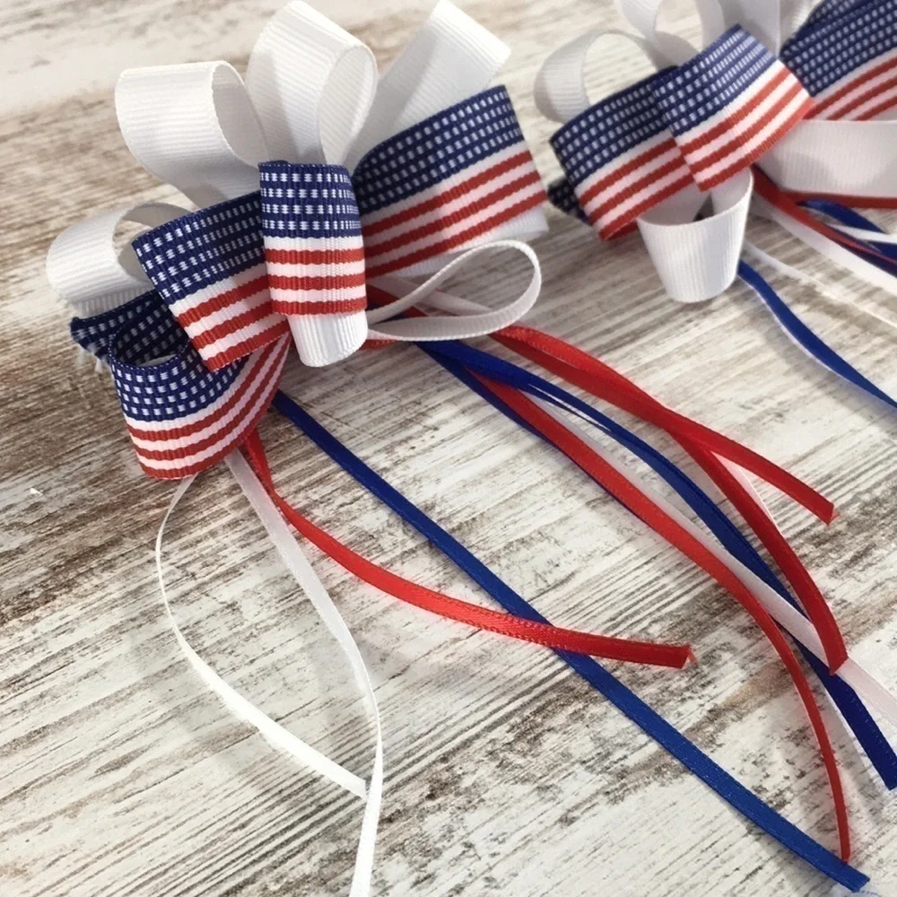 Patriotic Flag Ribbon Hair Bow Barrettes Set of 2 (4th of July)